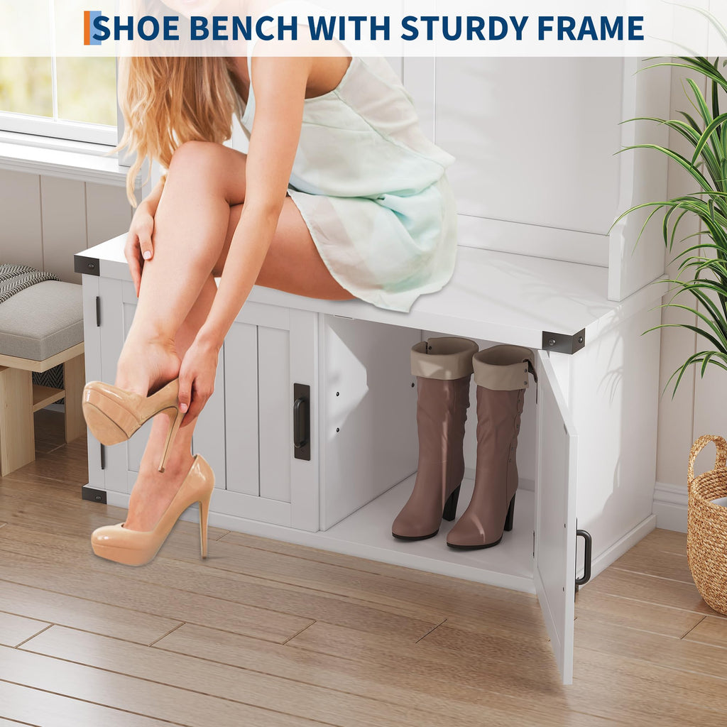 Hall Tree with Bench and Shoe Storage, 77" Tall Farmhouse Entryway Bench with Coat Rack and Mudroom Organizer