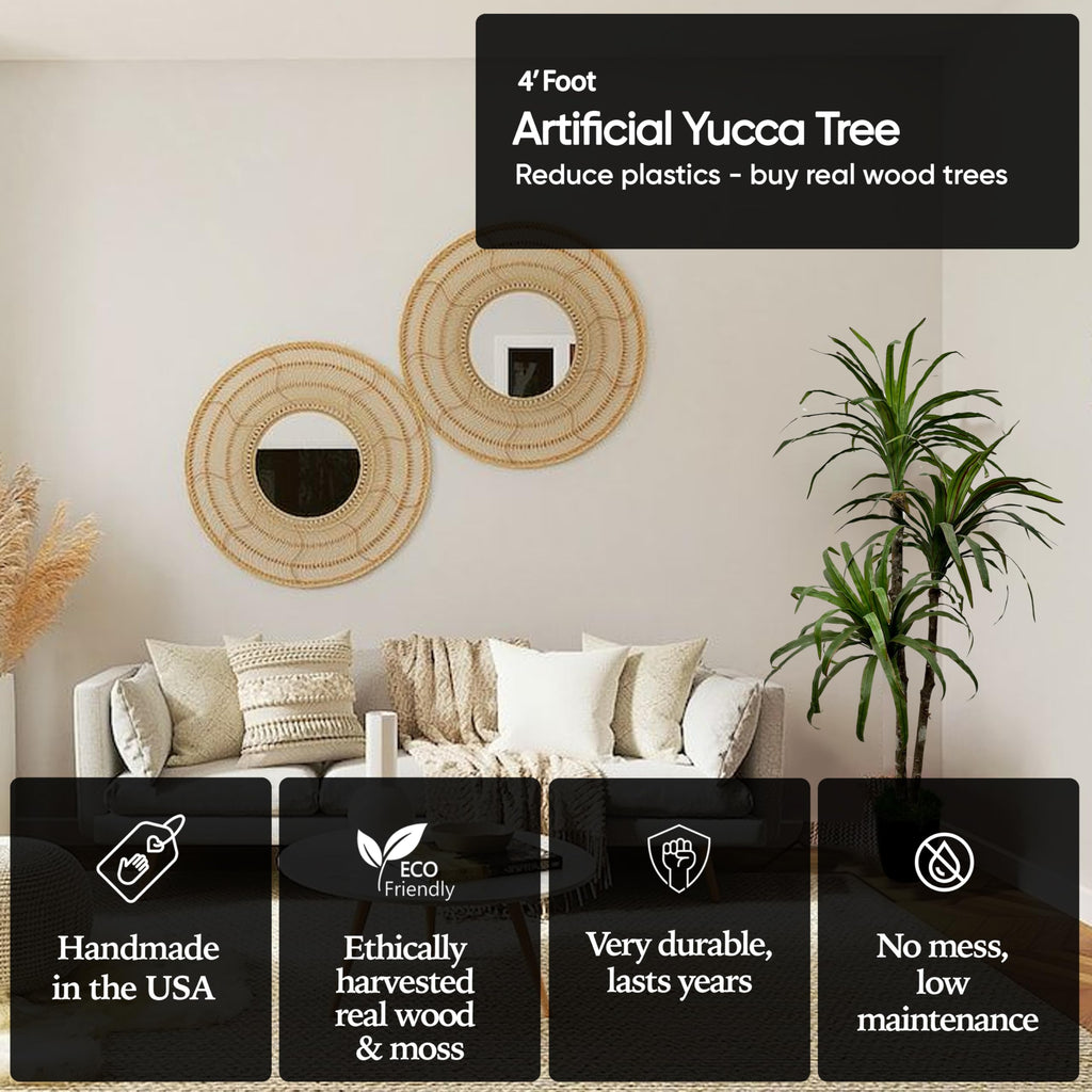 Handmade 4ft Artificial Yucca Plant | Tree with Real Wood Trunks, Hypoallergenic, 4 Foot, Green