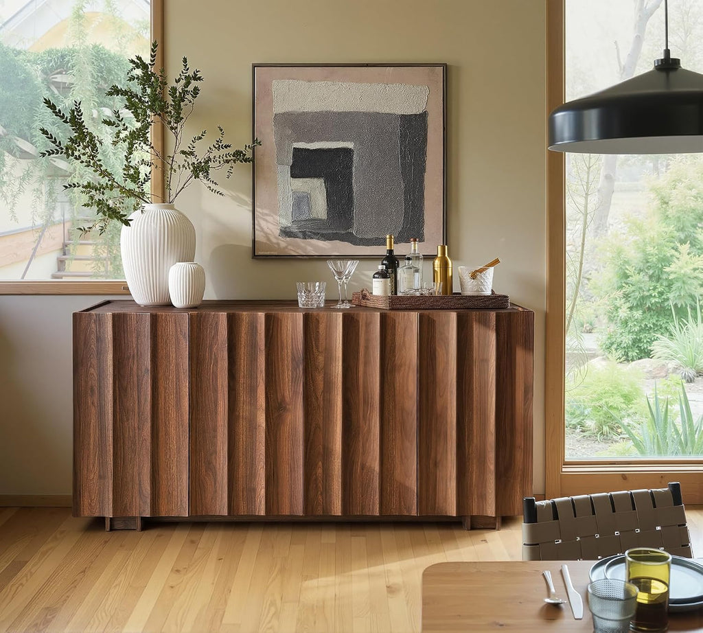 61.7" Fluted Sideboard Buffet Cabinet with Storage, Walnut | Mid Century Modern Credenza with Adjustable Shelves