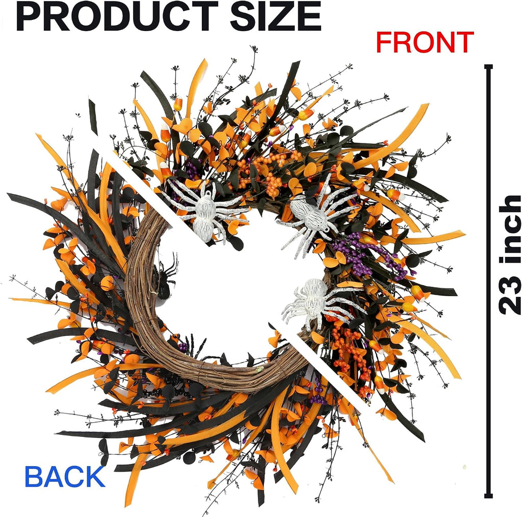 Halloween Wreath 23inch Artificial Spider Wreath with Handmade Black Orange Leaves Orange Purple Berries Teeth Front