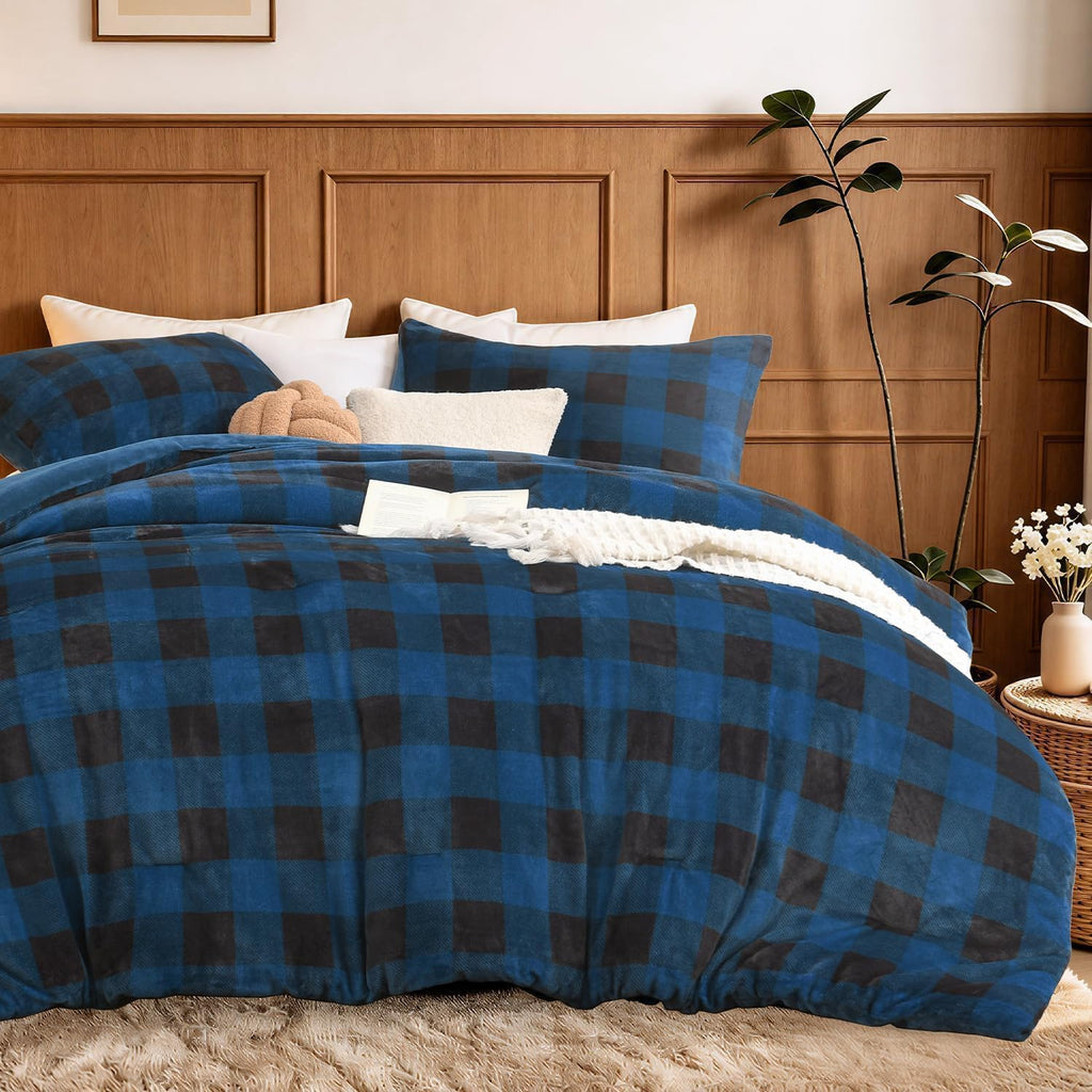 Velvet Flannel Plaid Comforter Set, 3 Pcs Blue Blanket