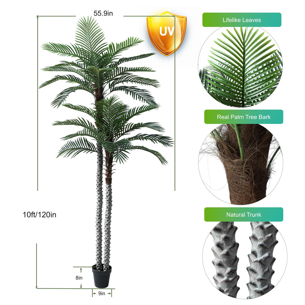 10ft Tall UV Resistant Faux Palm Tree, 120in Artificial Palm Tree Indoor Outdoor with Real Bark and Realistic Leaves