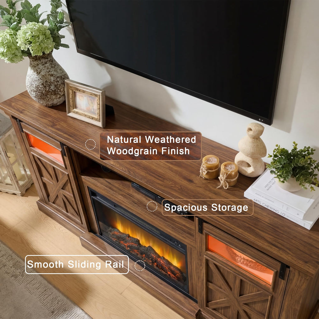 For up to 80 Inch TVs, 32'' Tall LED Entertainment Center with Electric Fireplace, Farmhouse TV Console Table