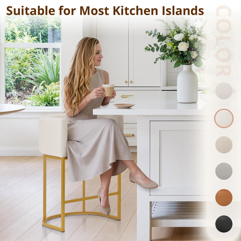 27" H Counter Height Bar Stools, Modern Barrel Counter Stools with Backrest and Arms, Gold Metal Frames, Linen Fabric