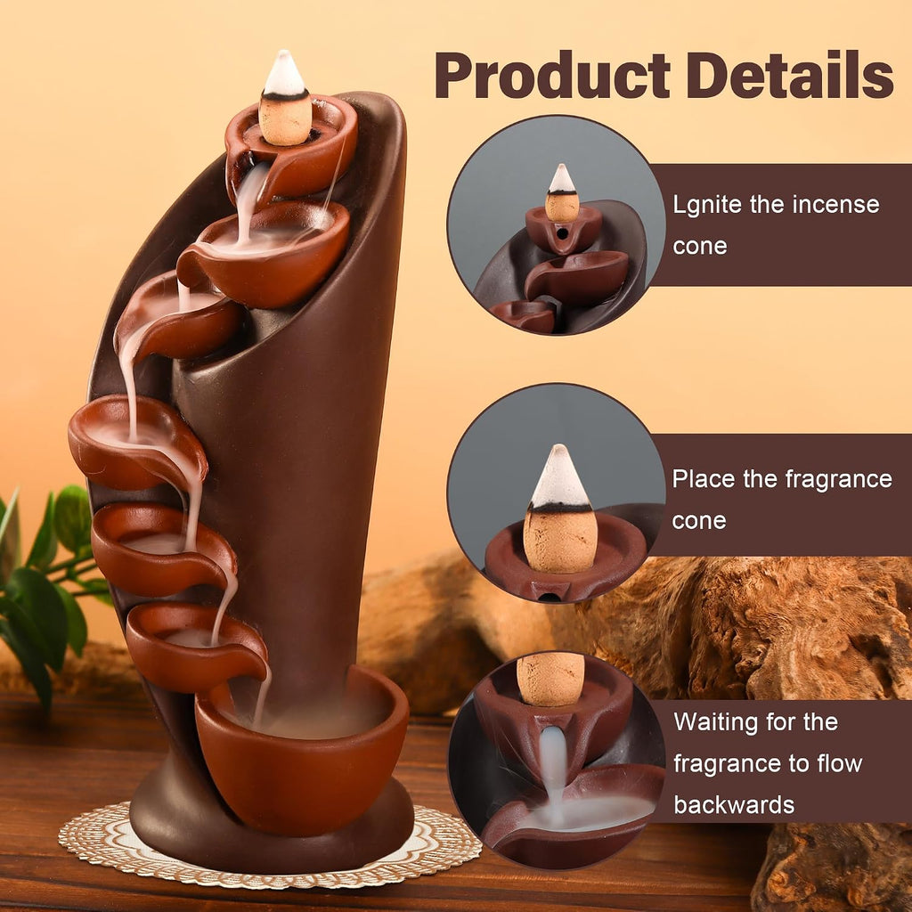 Backflow Incense Holder Ceramic Mountain Waterfall Smoke Fountain Aromatherapy Handmade Decoration - Set of 101