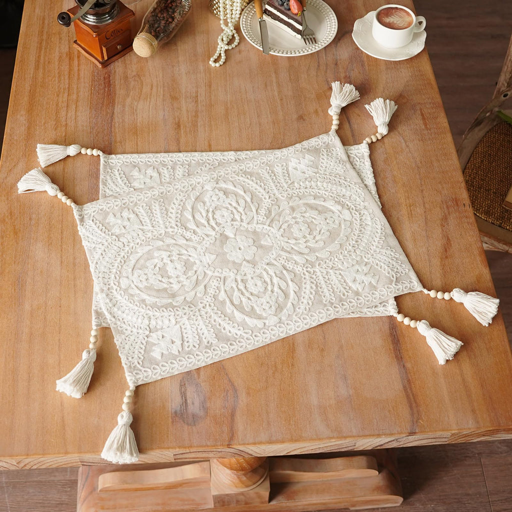 Embroidered Placemats Farmhouse Lace Doily, Beige 14"x18" 2PCs