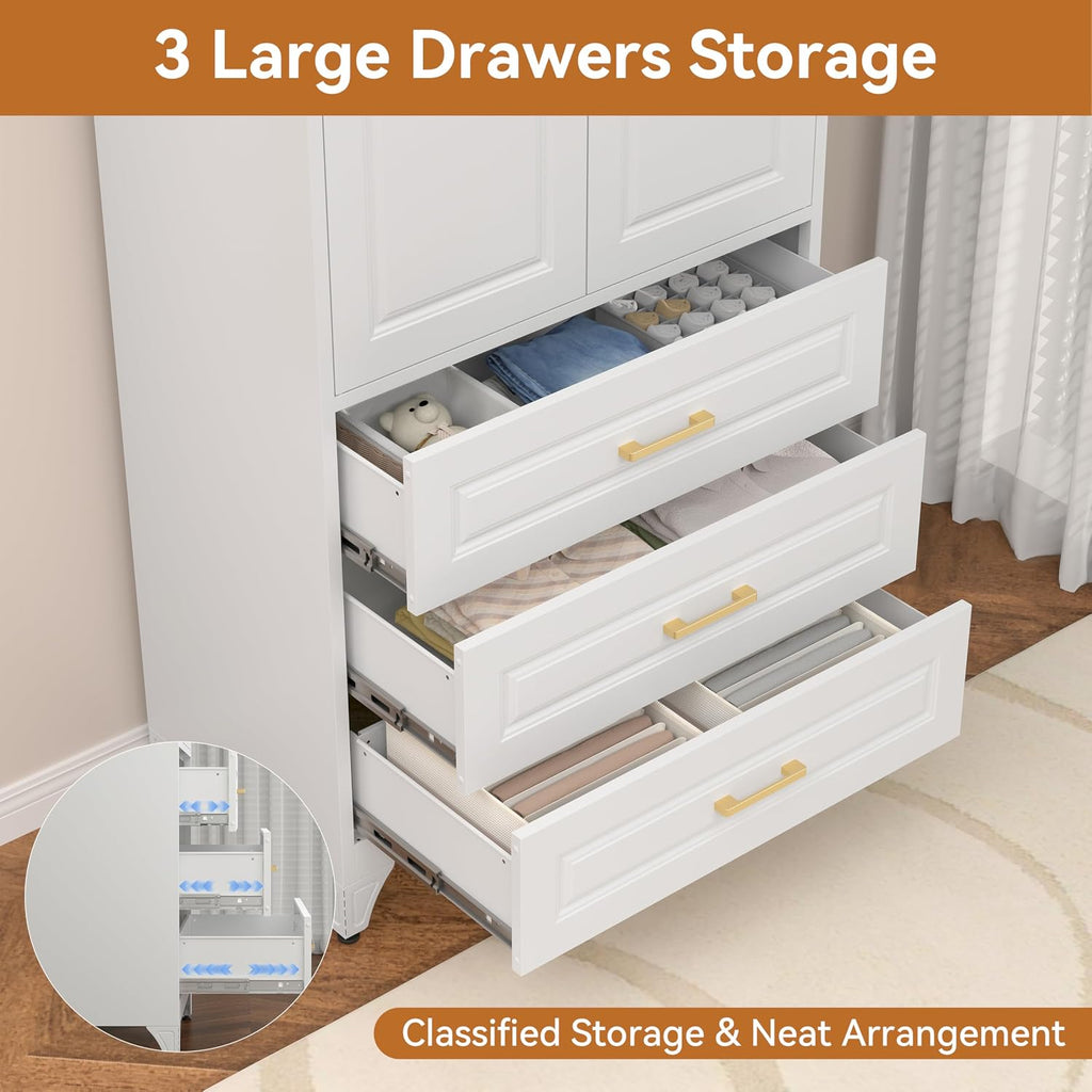 71" White Metal Armoire Wardrobe Closet with Doors and 3 Drawers | Freestanding Tall Steel Clothing Storage Cabinet