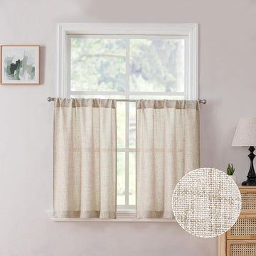 Short Linen Tier Curtains Rod Pocket Semi Sheer Half Kitchen Curtain Burlap Light Filtering Thick Linen Drapes, 30