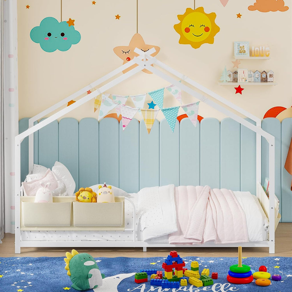House Shape Twin Size Montessori House Bed Metal Floor Bed with Caddy | Twin Bedframe for Kids No Box Spring Needed