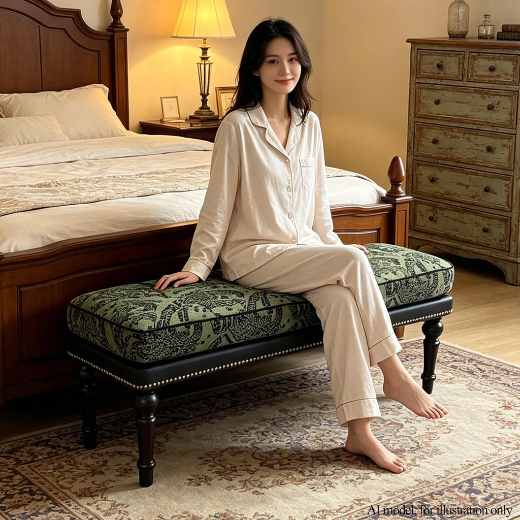 47" Upholstered Bed End Bench , Vintage Bed Bench | Vintage Solid Wood Bench with Detachable Washable Cover, Pattern