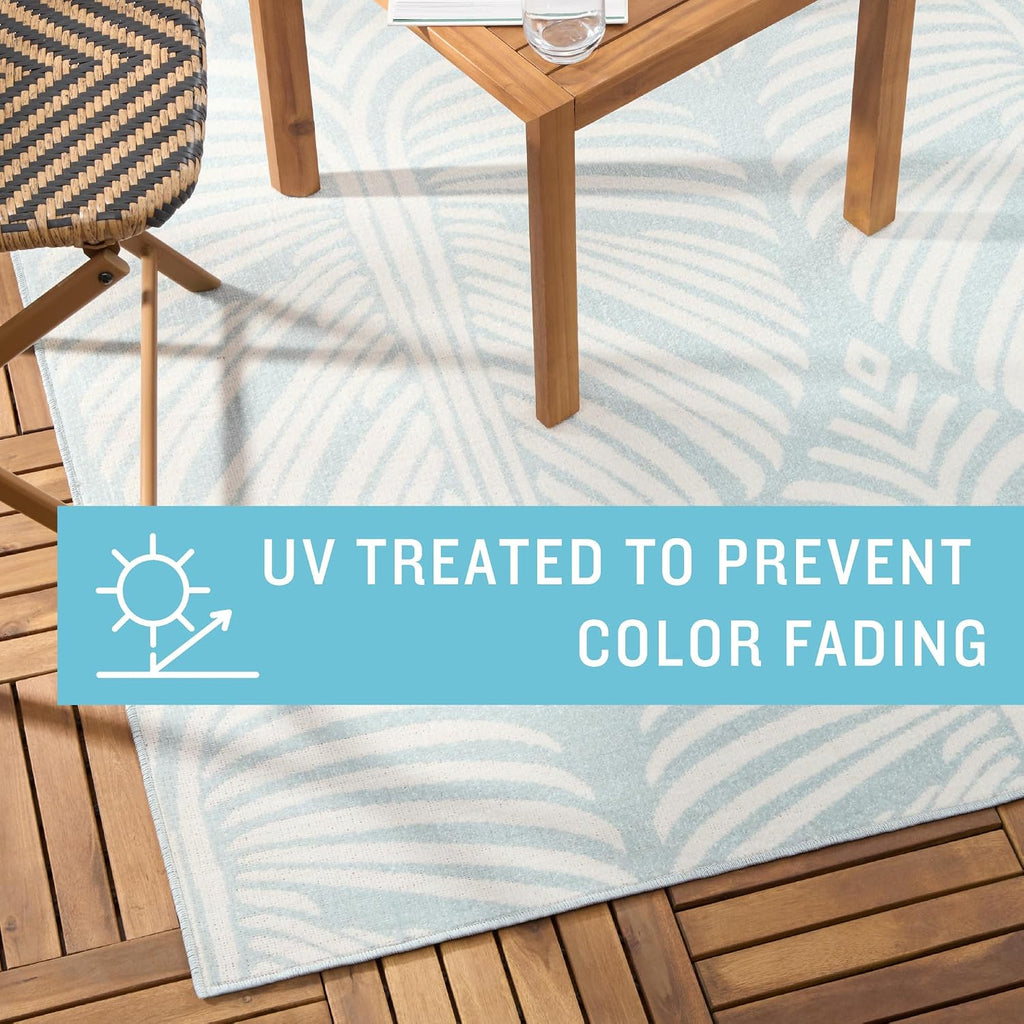 Lanai Palm Leaves Indoor Outdoor Area Rug, Leaf Tropical Design, UV Fade Resistant, Blue/Ivory, 5'2"x7'2"