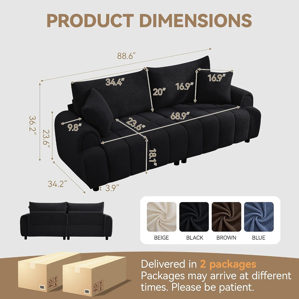 88 "Modern Boucle Sofa Couch, Oversized Comfy 3 Seater Sherpa Curved Sofas Deep Seat