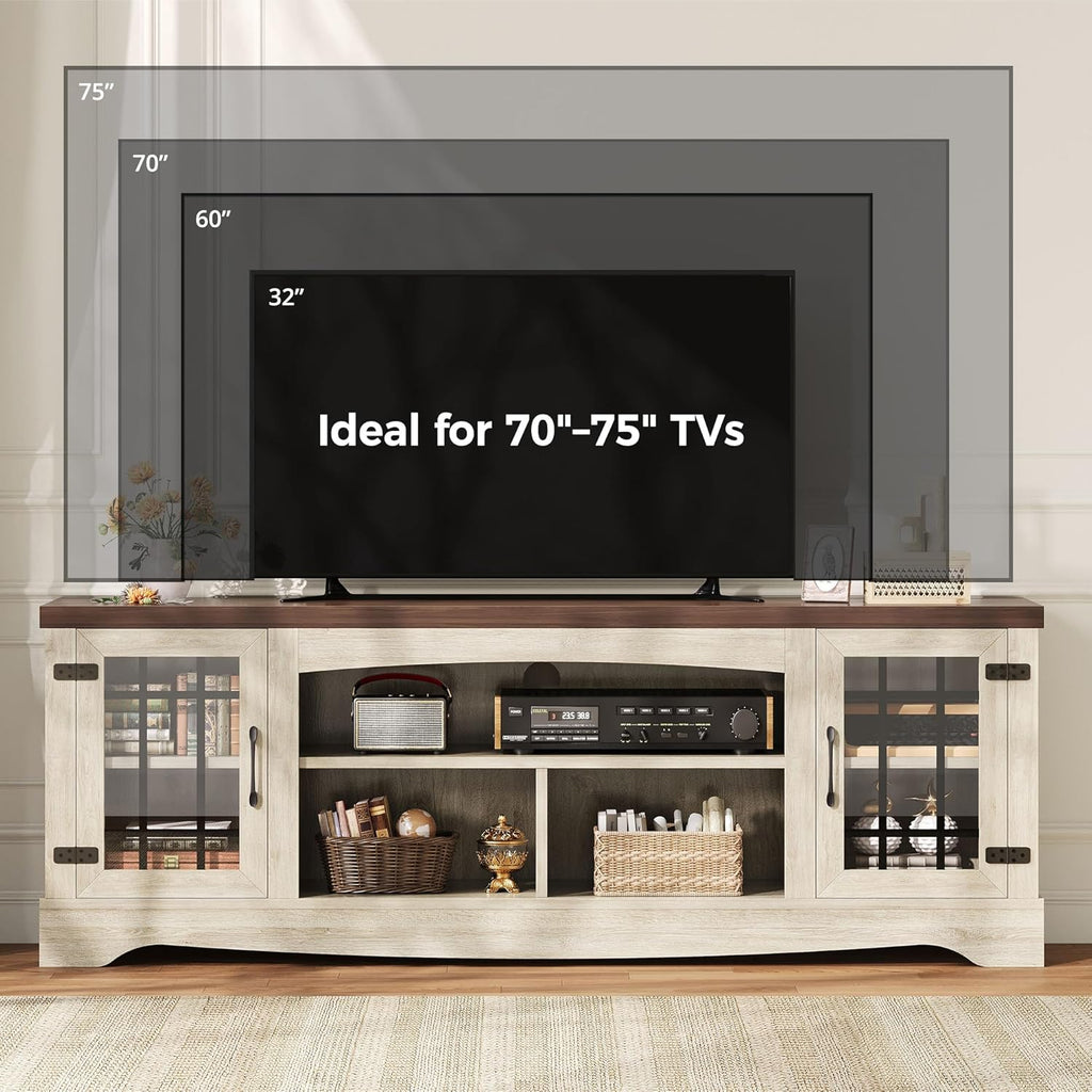 Farmhouse TV Stand for 75 Inch TV, Light Oak & Walnut | 2 Storage Cabinets, Open Shelves, Grid Glass Doors