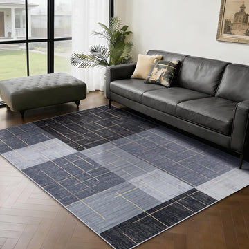 Washable Abstract Modern Area Rugs, Contemporary Geometric Checkered Rug Non Slip Low Pile, Blue and Grey White