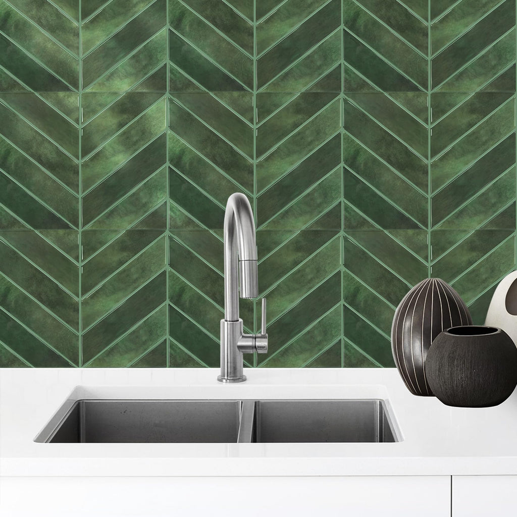 Herringbone Peel and Stick Backsplash, Green, 10 Sheets
