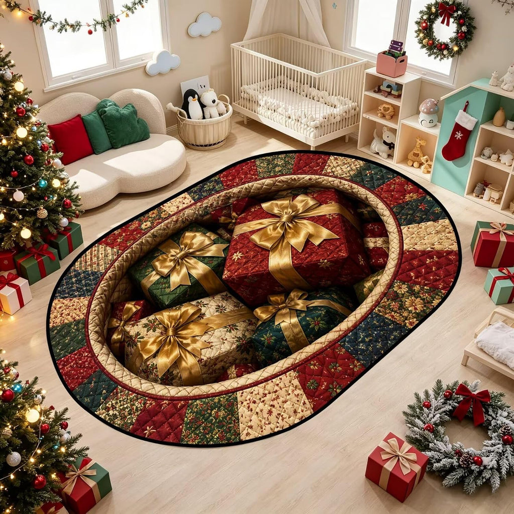 3D Gift Box Christmas Oval Rug Hole Optical Illusion Quilted Decor