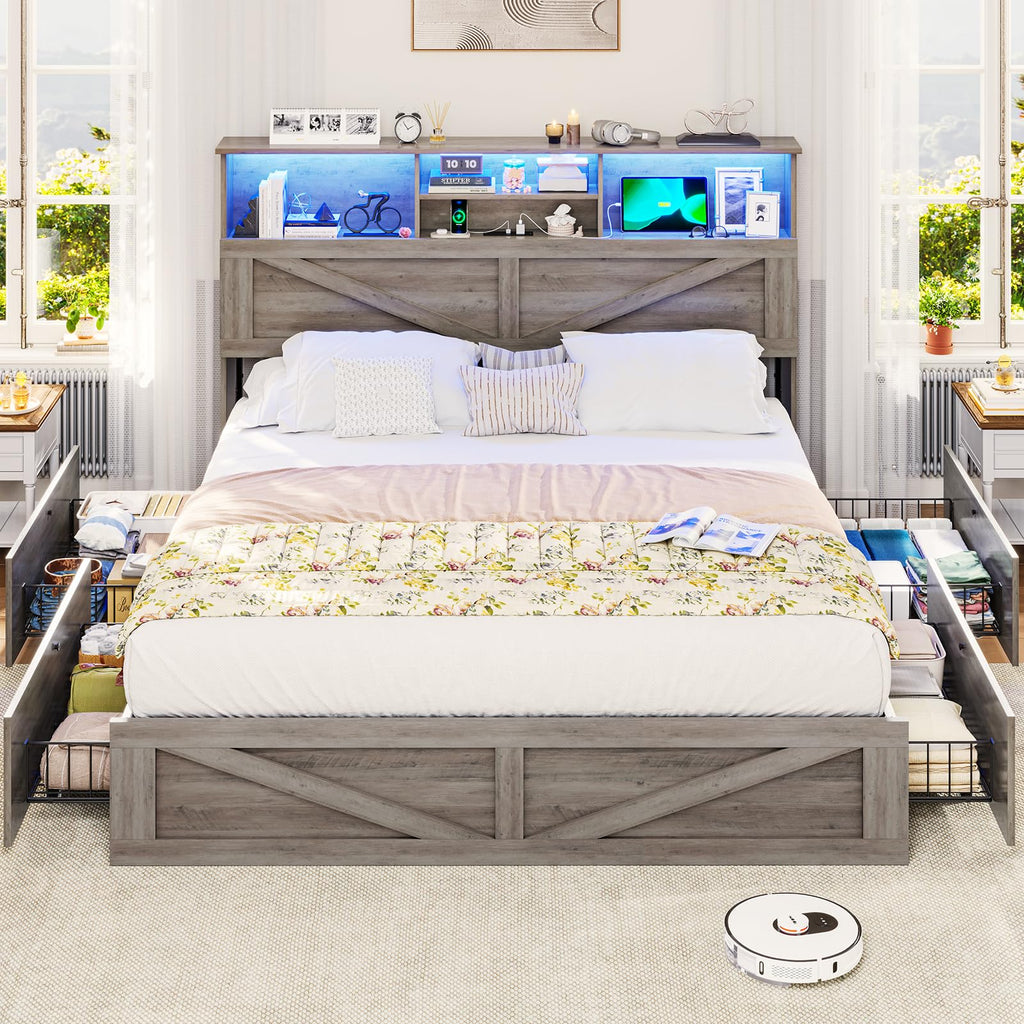 Farmhouse Bed Frame with Bookcase Storage Headboard, Charging Station and LED Lights, Wooden Bed