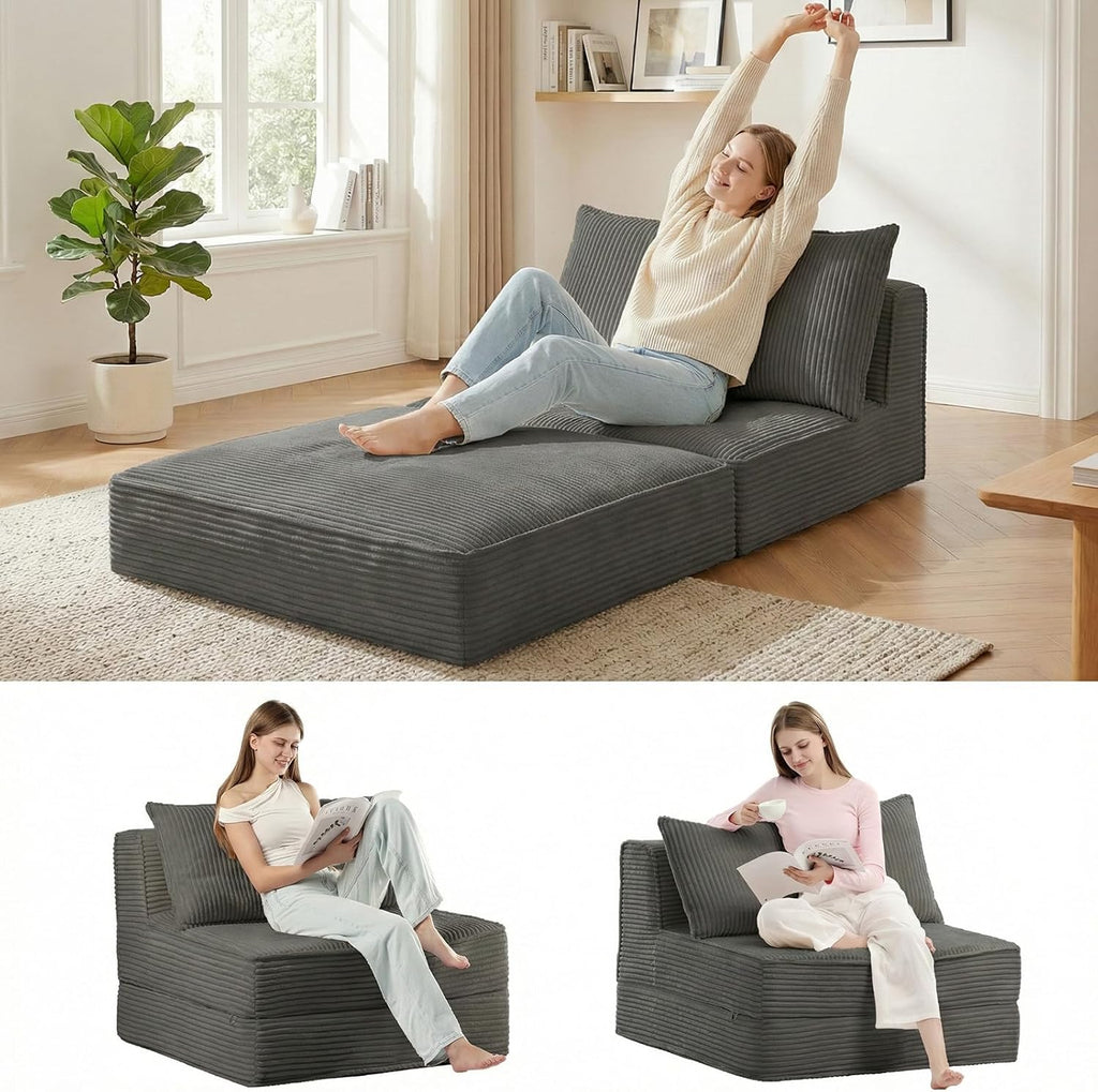 Oversized Folding Sofa Bed,Convertible Sleeper Chair Couch Bed with Pillow,Corduroy Floor Foldable Futon Bed,Comfy