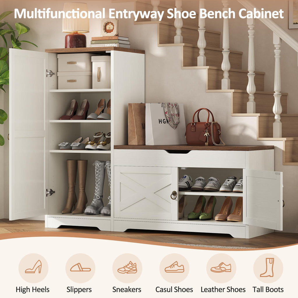 47'' Shoe Cabinet with Bench Seat, 7-Tier Shoe Storage Bench with Hidden Lift Top Storage and Adjustable Shelves