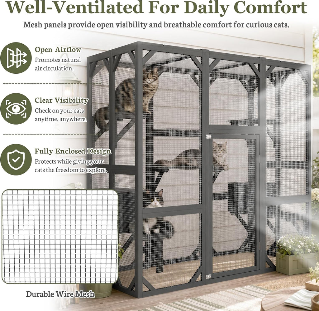 71" H Catio Outdoor Cat Enclosure Large Walk in Wooden Outdoor Catio Grey