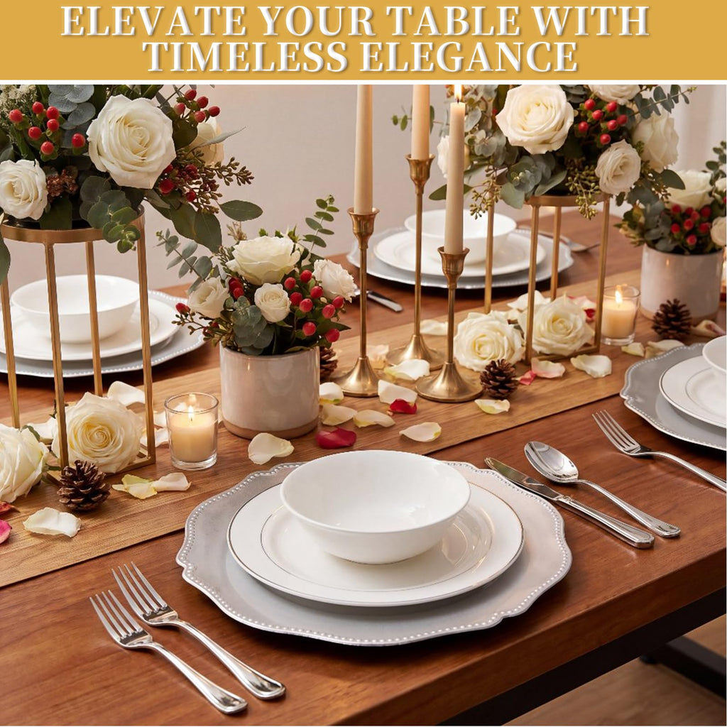 100 Pack Silver Charger Plates with Beaded Rim, 13 Inch Round Silver Chargers for Dinner Plates, Table Chargers for