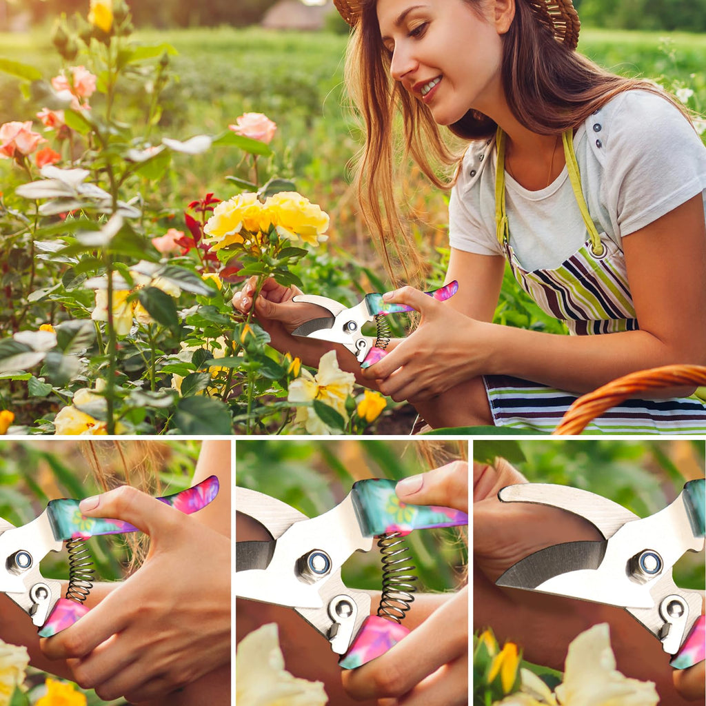 Garden Tools Set, 10 Pieces Gardening Tools with Floral Print, Ergonomic Handle Trowel Rake Weeder Pruner Shears