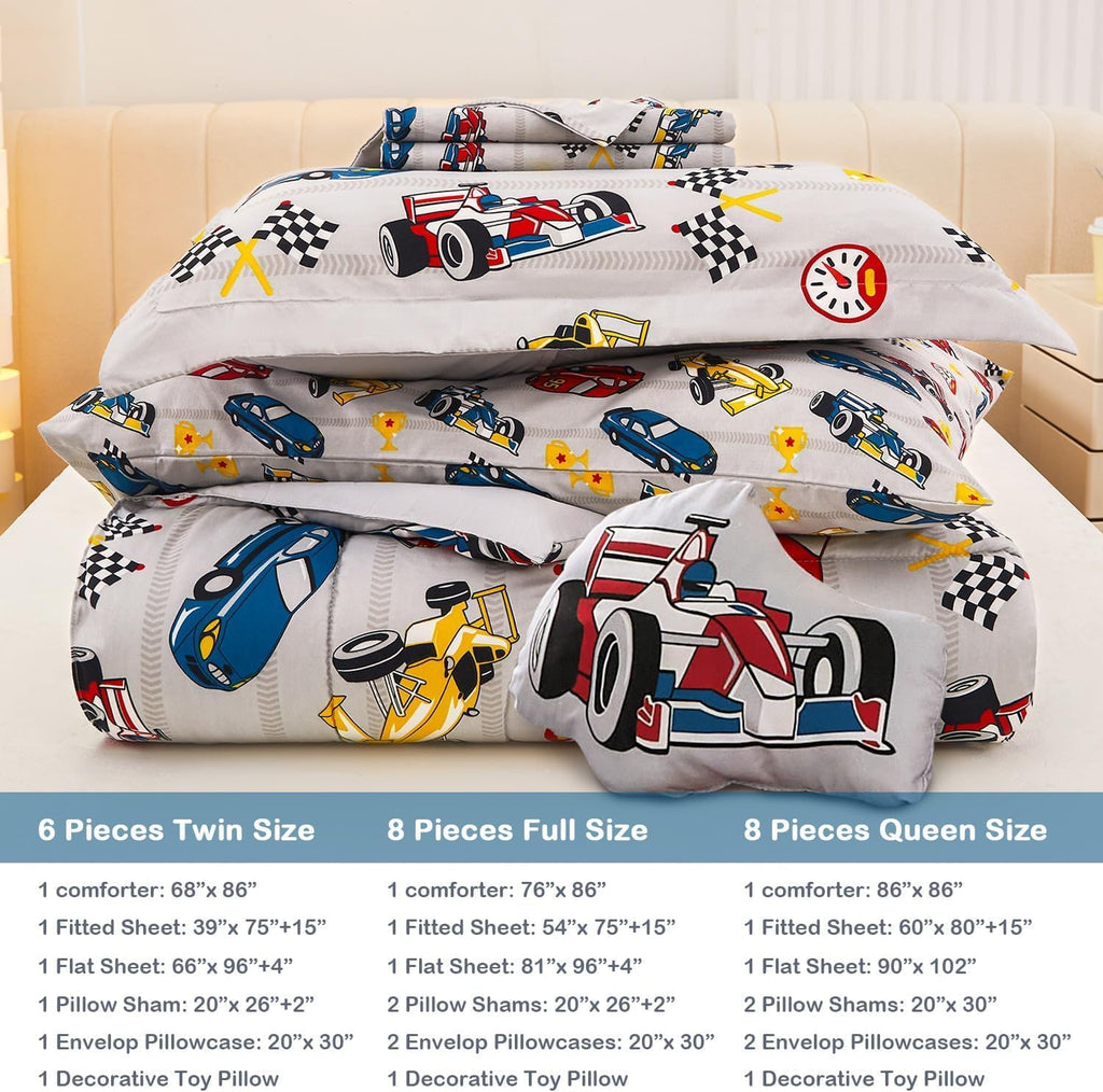 Twin Comforter Sets for Boys Kids, 6 Pieces Bed in a Bag Racing Car Bedding Comforter Sheet Set with Shams and