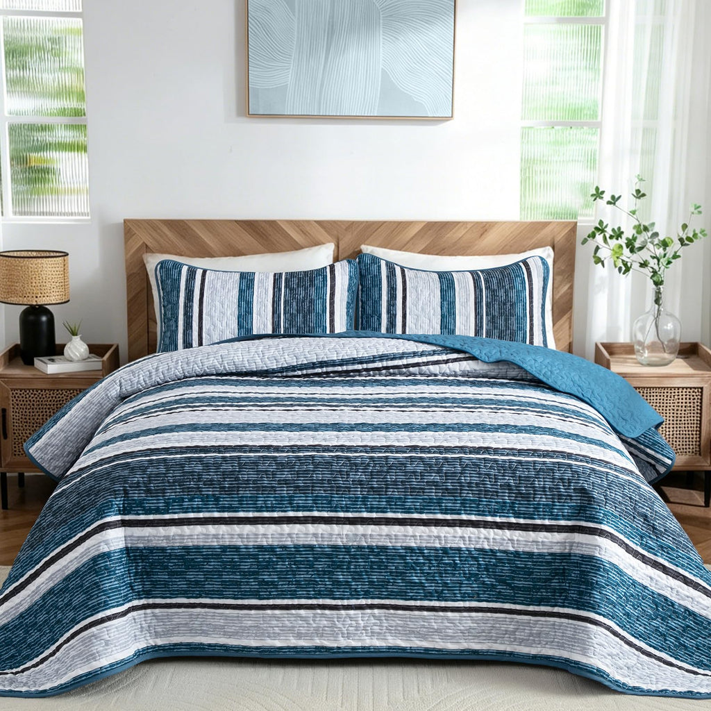 Quilt Set, Boho Striped Bedspread Coverlet Set, Navy Blue