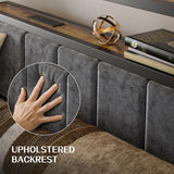 Full Platform Bed Frame with LED Lights, Charging Station, Grey Upholstered Headboard with 2-Tier Storage Shelves