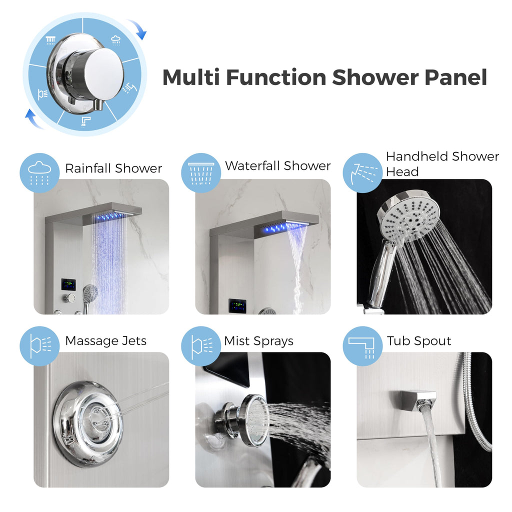 LED Stainless Steel Shower Tower, 5-Function Shower Panel Tower