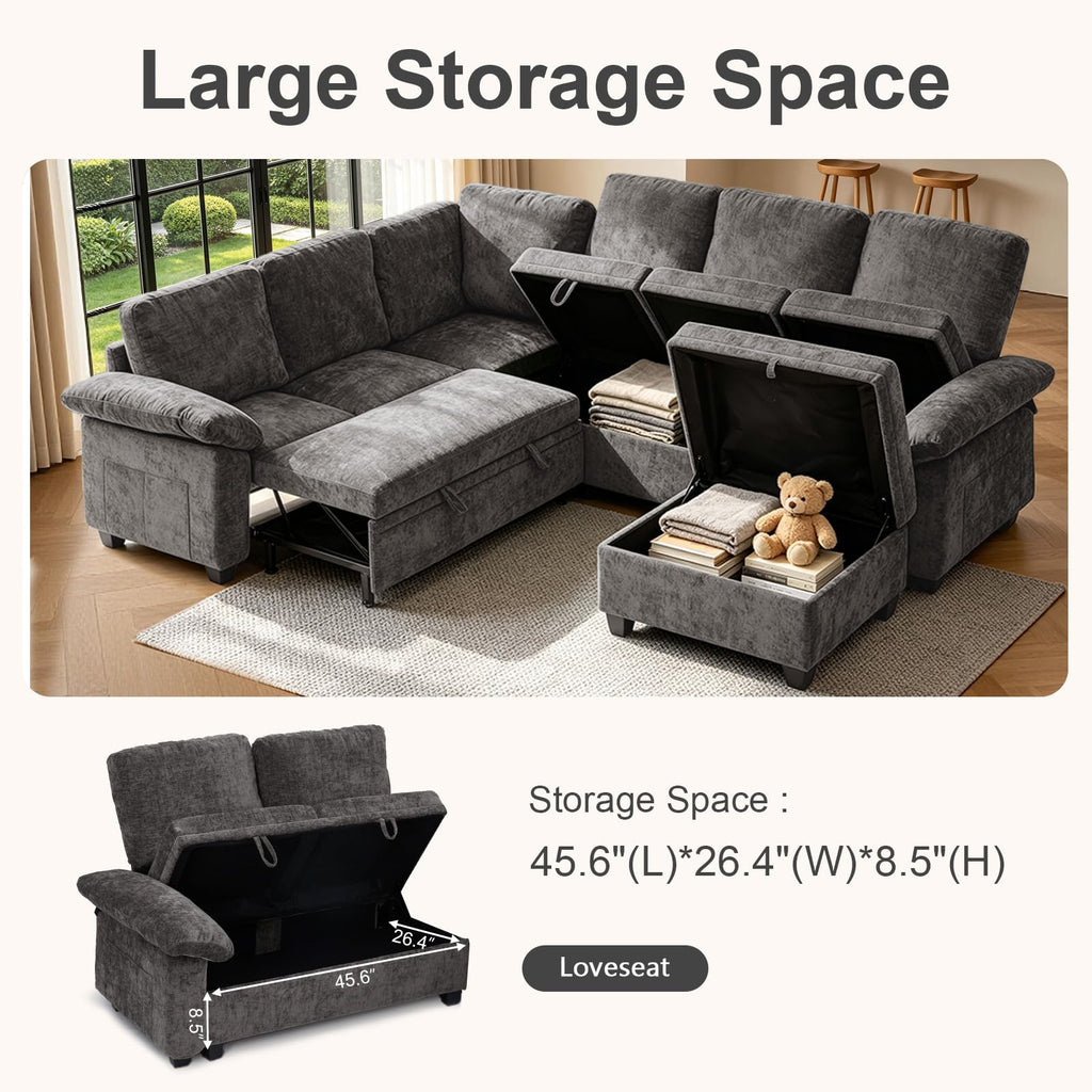 108''Modular Sectional Sleeper Sofa, L Shape Pull Out Sofa Bed with Storage