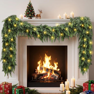 18 FT (2 * 9FT) Cedar Garland with Lights - Realistic Prelit Christmas Garlands for Mantle, Stairs, Fireplace, Indoor