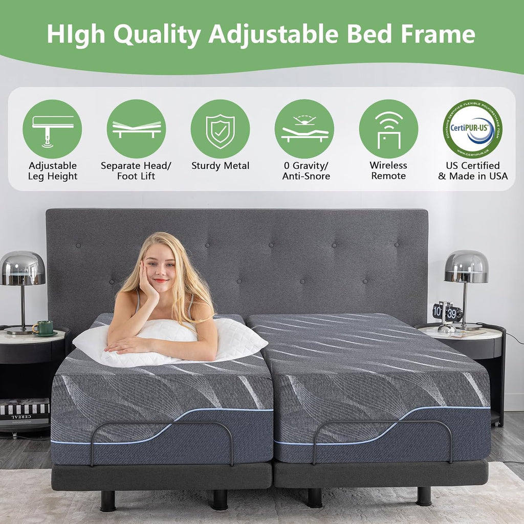 Split King Adjustable Bed Frame with Wireless Remote + 12 Inch Grey Gel Medium Firm Memory Foam Mattress in a Box - Set of 4