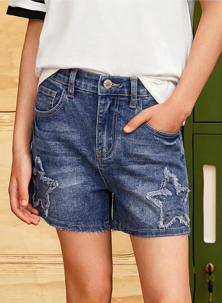 Girls Elastic High Waisted Denim Shorts Star Patched