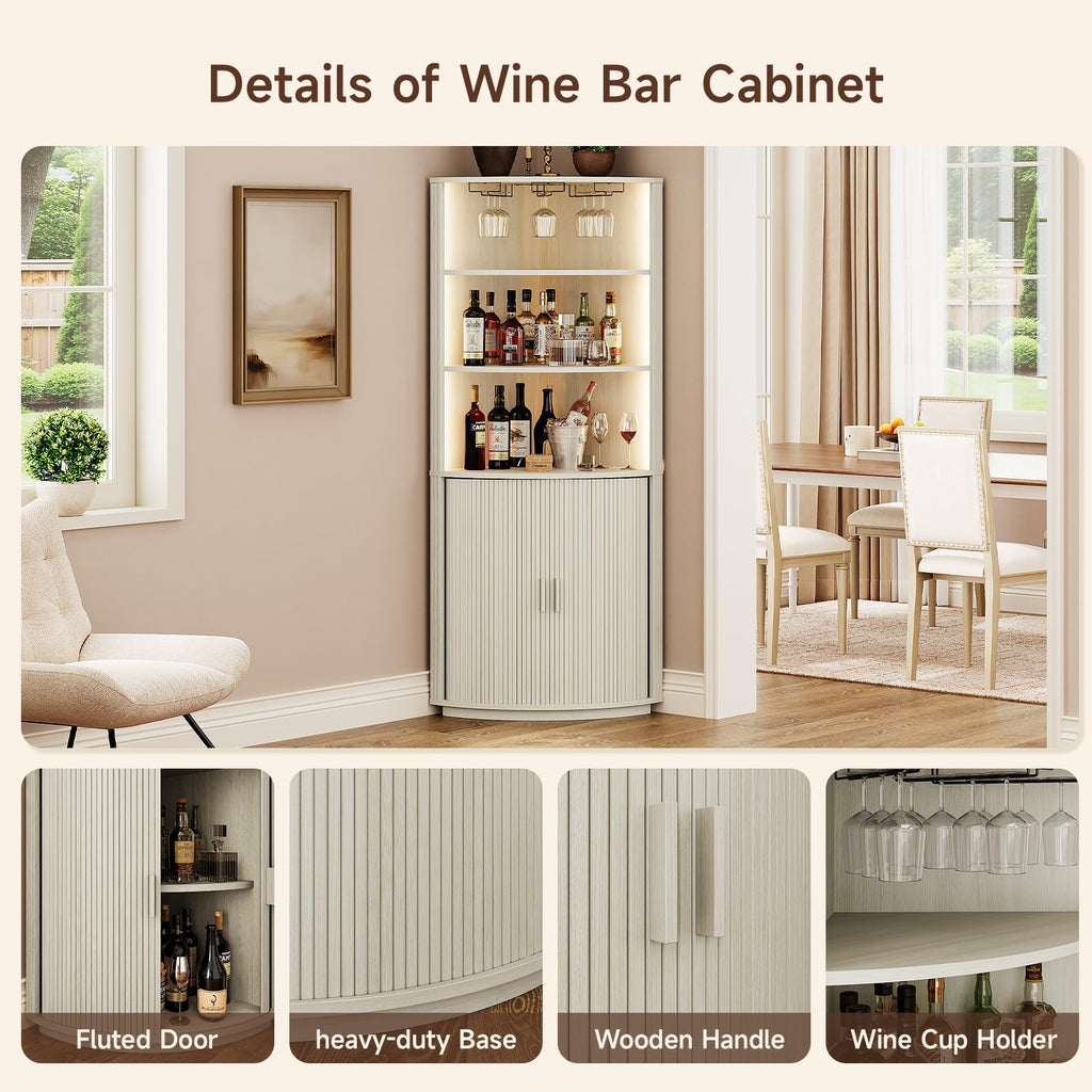 72" Tall Corner Bar Cabinet with LED Light, Liquor Cabinets, White