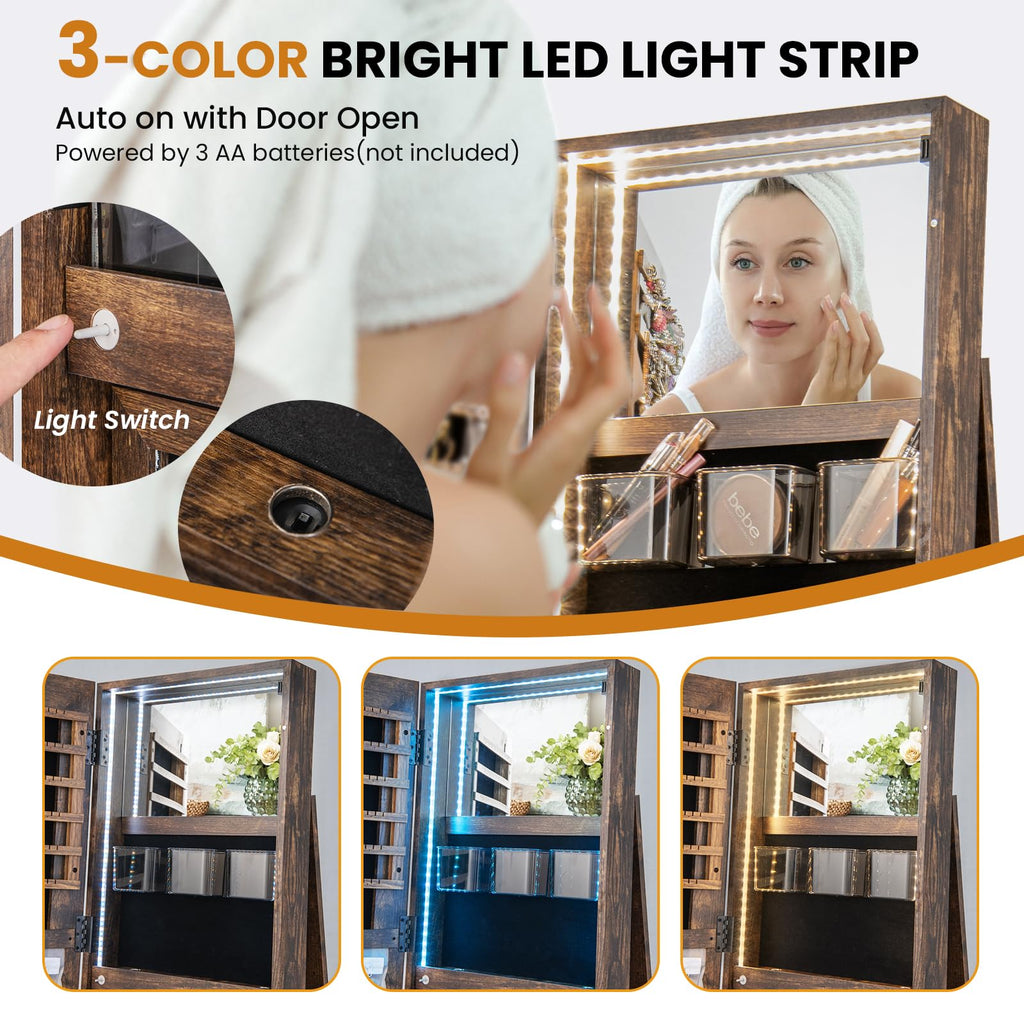 360° Rotating Mirror Jewelry Armoire, Freestanding Jewelry Organizer w/ 3-Color Lights, Full-length Mirror w/Jewelry