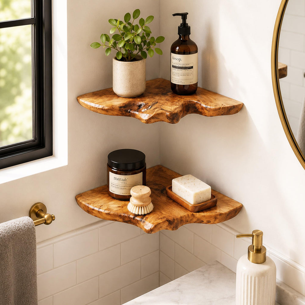 Floating Corner Shelf Set of 2, Handcrafted Live Edge Corner Wall Shelves, Cedar Root Wood Decor for Small Plants