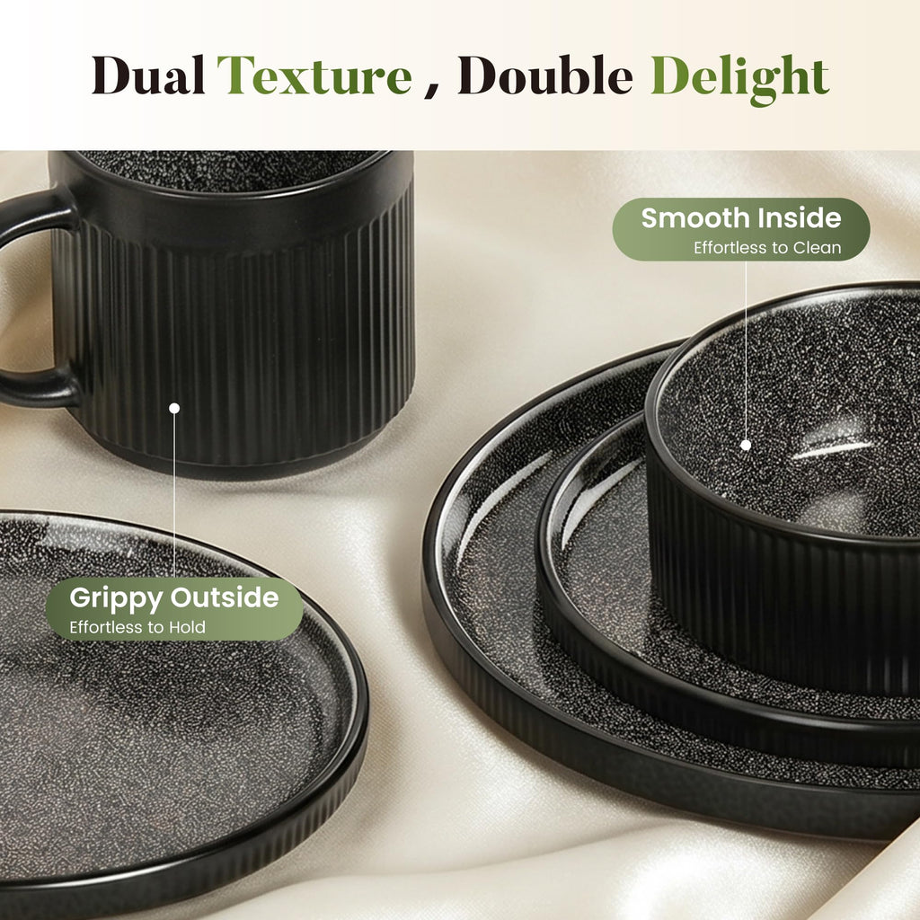 Fluted Ceramic Dinnerware Sets for 4, 16Pcs Stoneware Plates and Bowls Sets Non Toxic, Black Dishes Set, Oven &