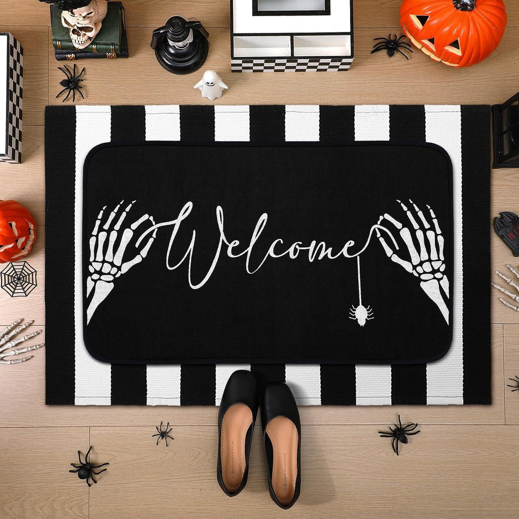 2 Pcs Summer Halloween Door Mats Outdoor Gothic Skull Welcome Front Doormat Linen Rubber Layered Black White Striped