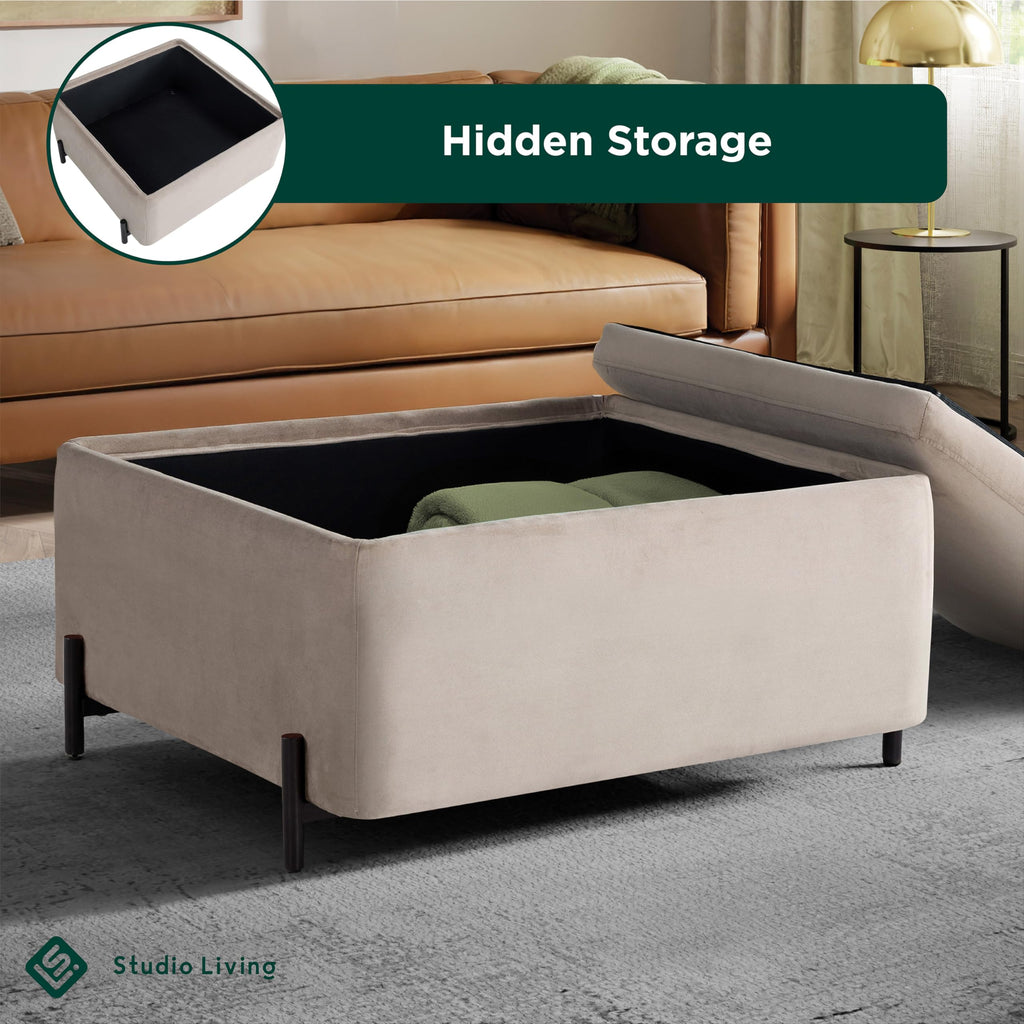 Connor 31.1" Large Storage Ottoman, Modern Boho, Matte Black Metal Legs, Velvet Fabric, Taupe