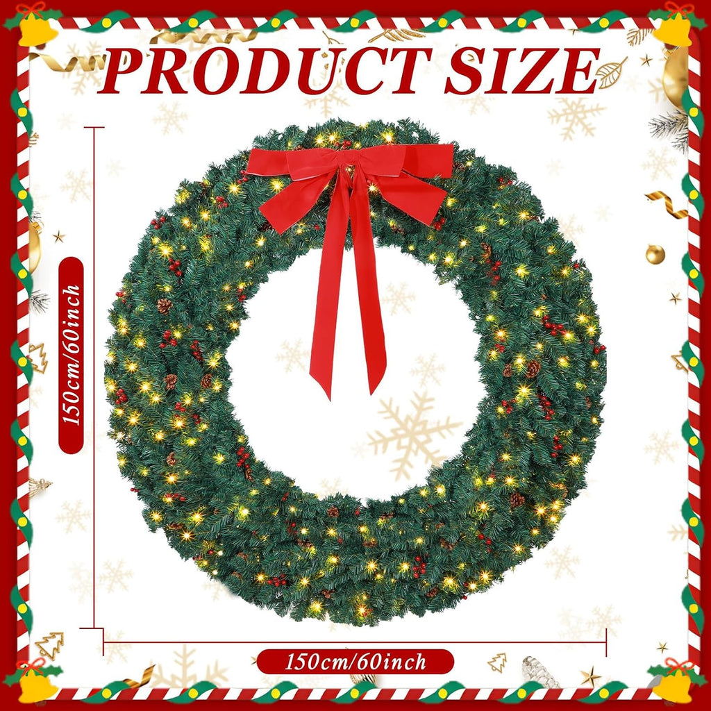 60 Inch Large Prelit Christmas Wreath with 300 Warm White String Lights 8 Lighting Modes Artificial Outdoor Xmas