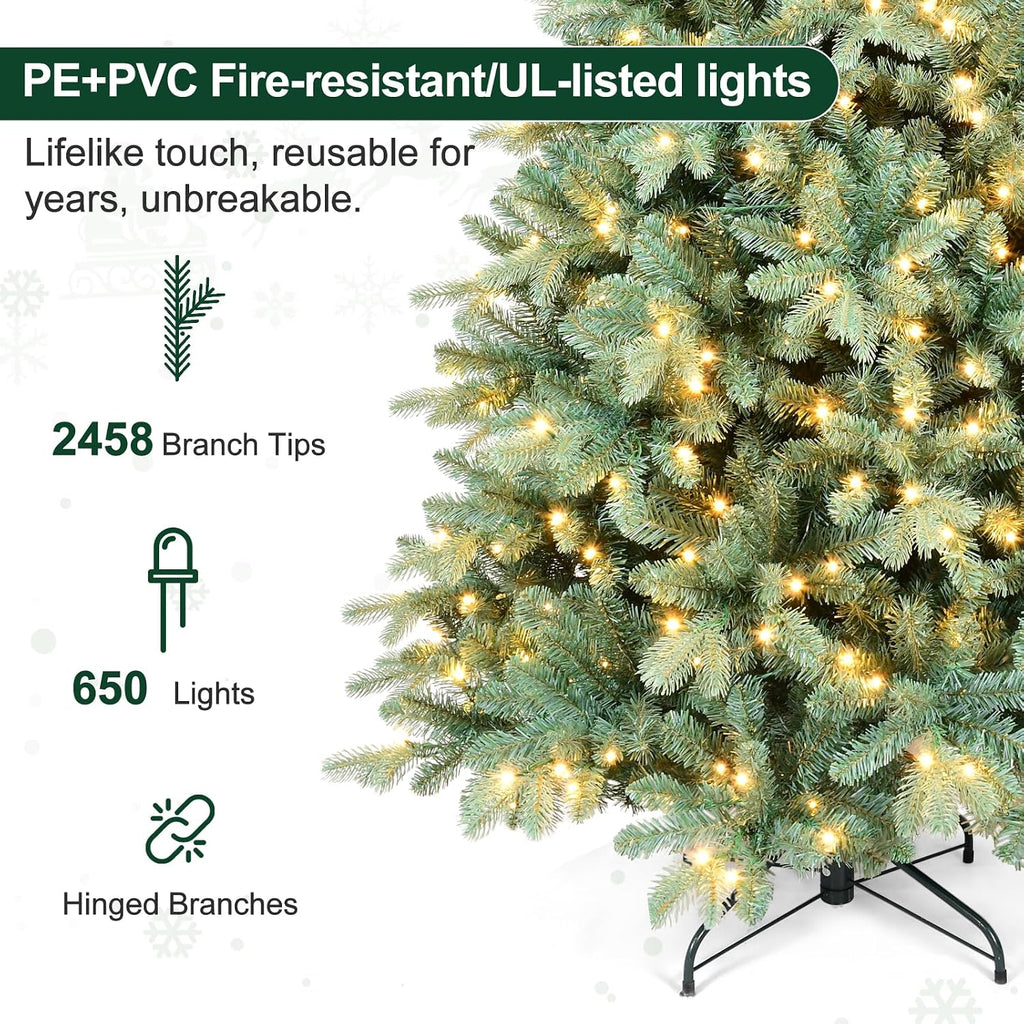 Prelit Artificial Christmas Tree, Blue Spruce Xmas Tree with Lights & Easy Setup Hinged Design, Realistic PE/PVC