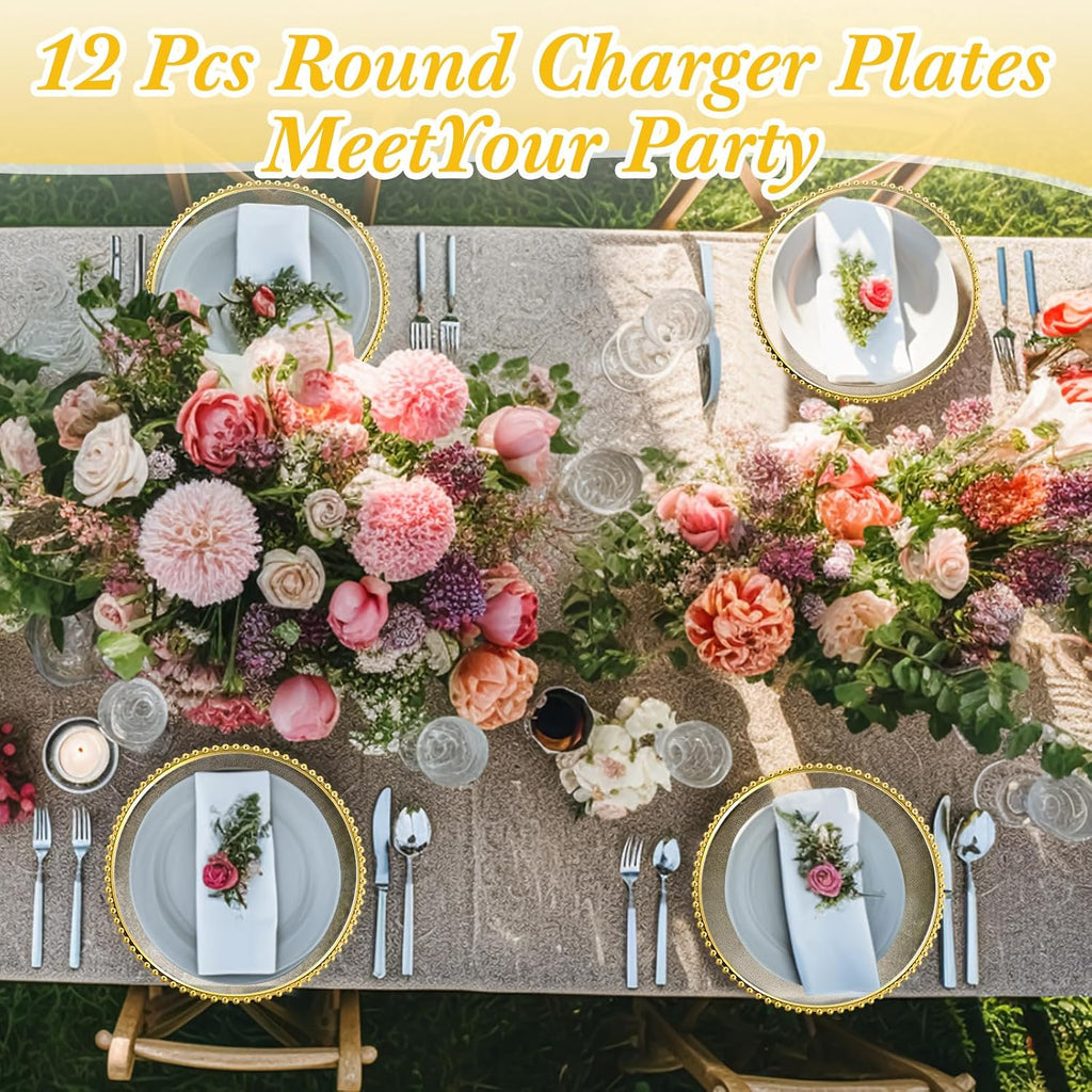 Clear Charger Plates Bulk 13 Inch Plastic Round Beaded Dinner Chargers Acrylic Frosted Grain Decorative - Set of 12
