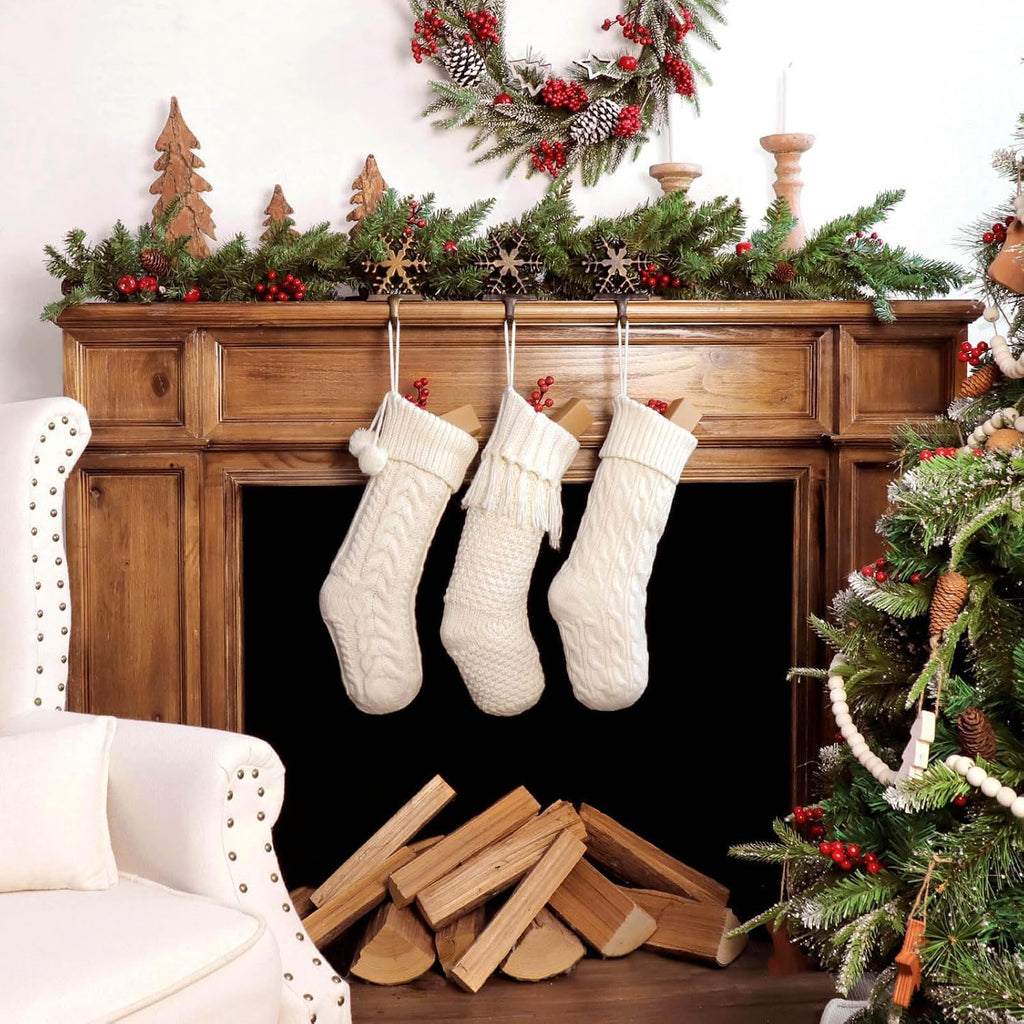 Cable Knit, 3 Pack 18 inches White Large Size Knitted Stockings, Rustic Christmas Ornaments Farmhouse Boho Style - Set of 3