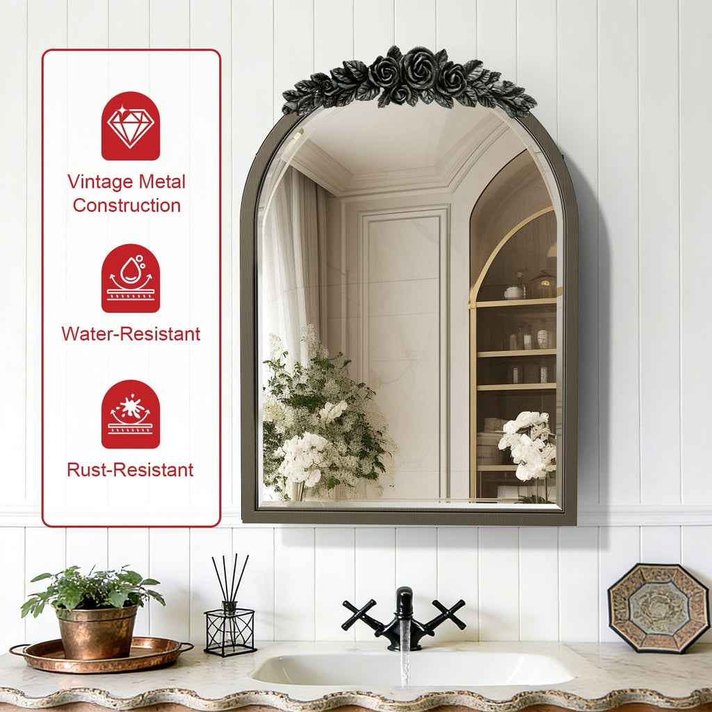 Baroque Mirror Medicine Cabinet: Arch Frame Rose-top, Chrome Grey
