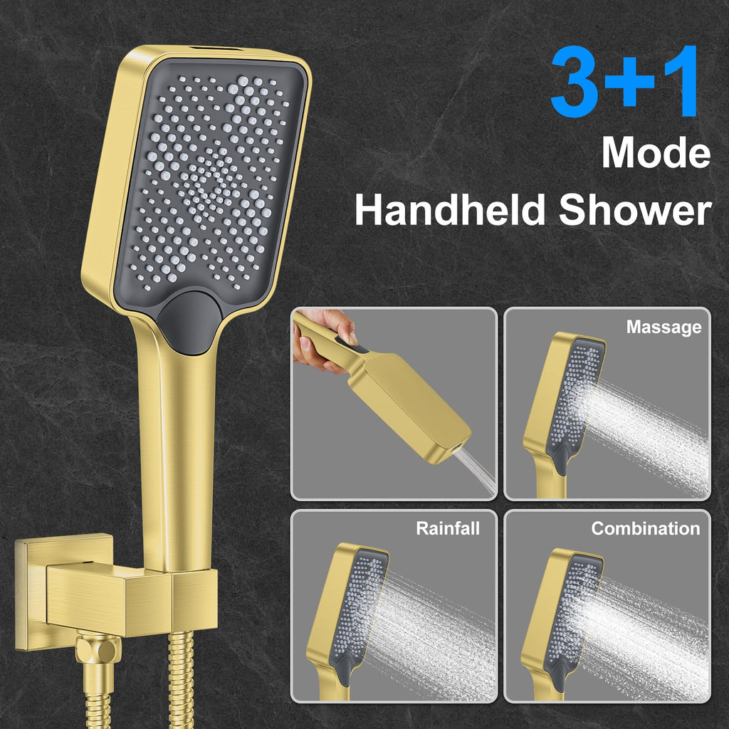 Brushed Gold Shower Faucet Set, Push-Button Shower System with Rain Shower and Handheld, 12" Ceiling Rain Head, 6"