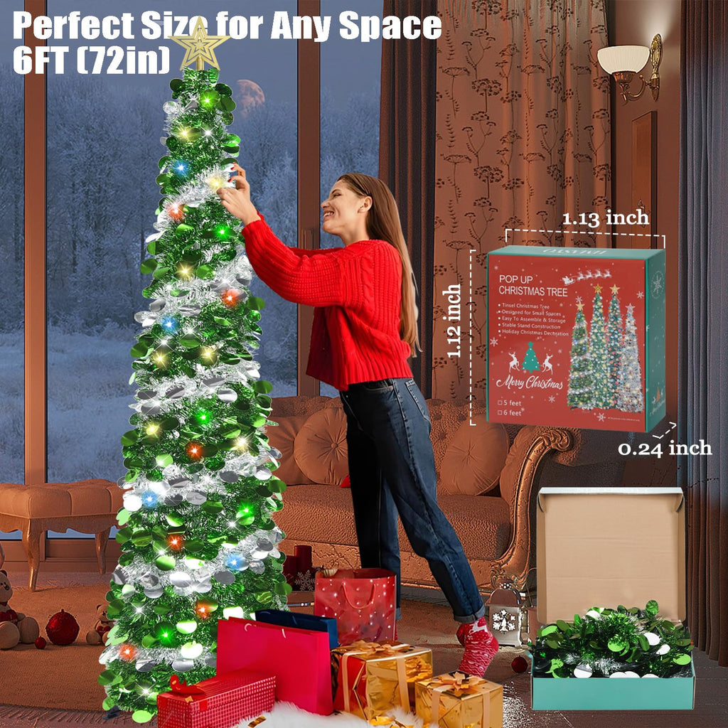 6 FT Pop Up Tinsel with 100 Colored Timer Lights & Remote, Green Silver Collapsible Artificial Pencil Tree Xmas