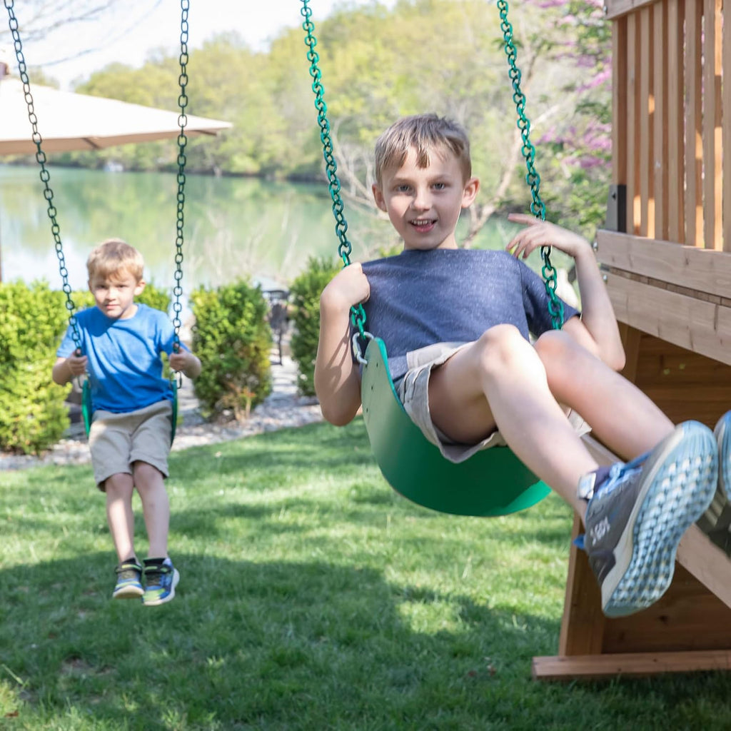 Endeavor II Cedar Wood Swing Set with Wave Slide, Play Deck, Double Rock Wall, Picnic Table, Climbing Wall, Belt
