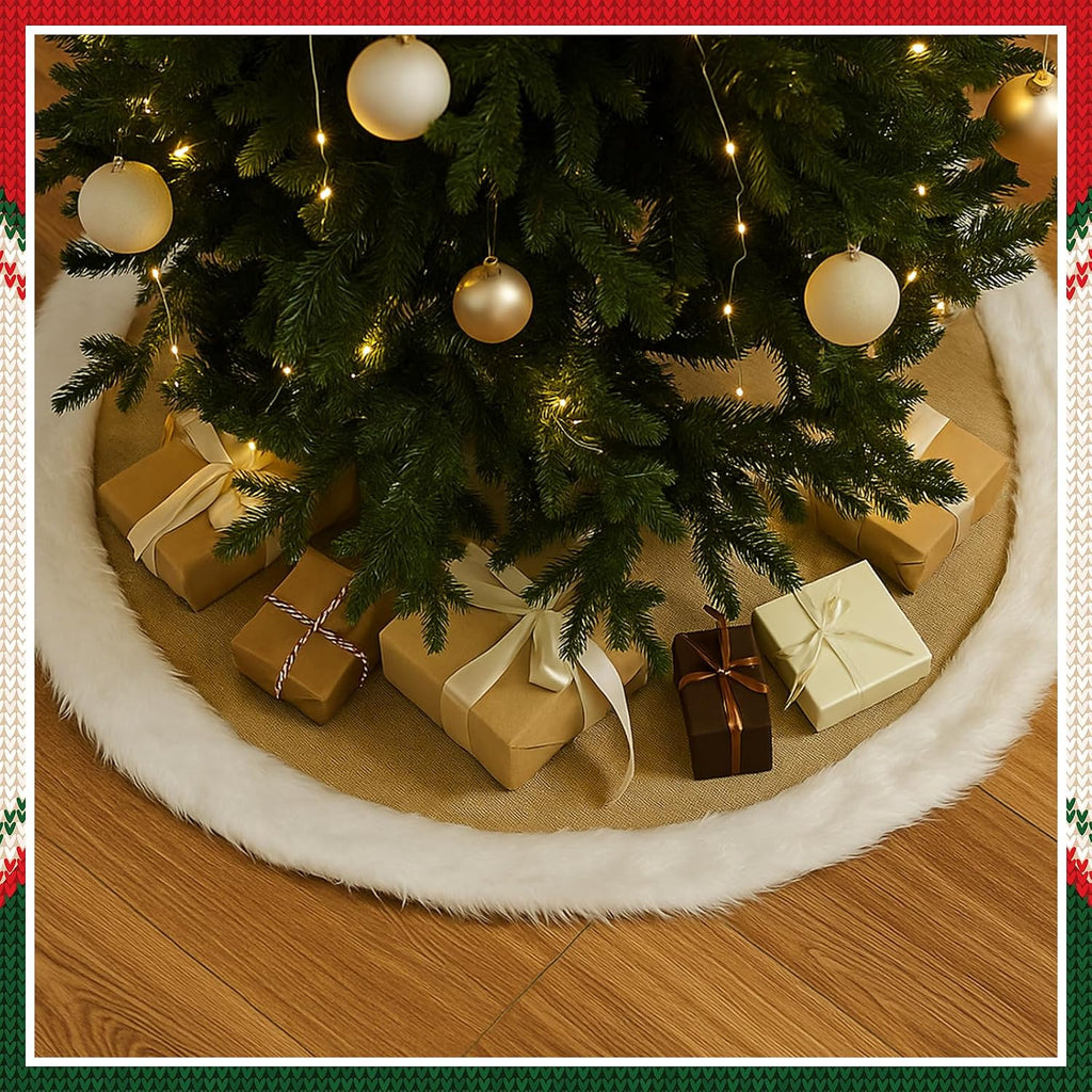 35.4'' Christmas Tree Skirt, Rustic Burlap White Faux Fur Trim Tree Skirt Simple Plain Burlap & Soft Thick Plush