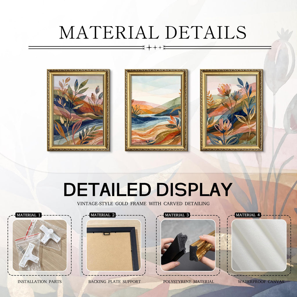Gold Framed Abstract Landscape Wall Art Set of 3, Colorful Botanical Mountain Picture Wall Decor, Boho Nature Canvas